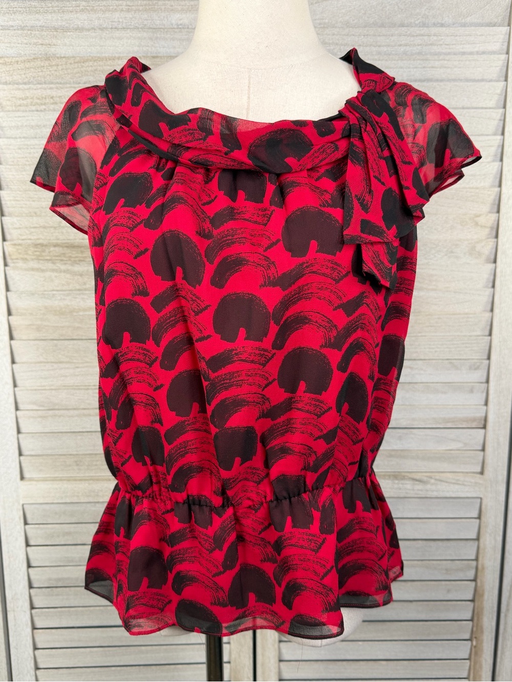 NINE WEST Women's Red & Black Silk Cap Sleeve Peplum Blouse Career/Office Wear-M